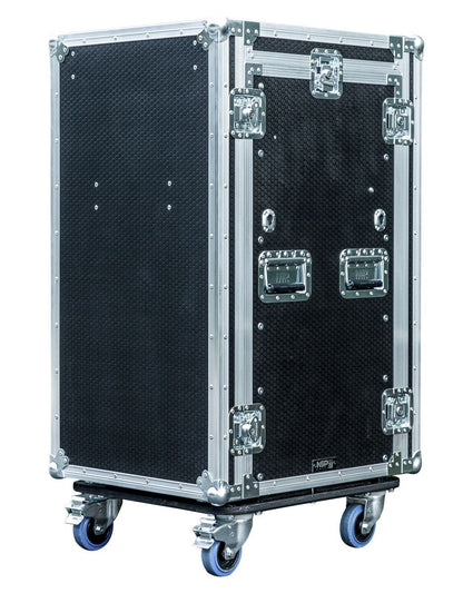 16U rack flight case Kenya — closed black plywood road case with aluminum edges, butterfly latches, and 4 caster wheels`