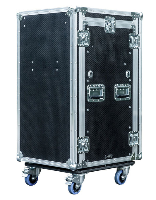 16U rack flight case Kenya — closed black plywood road case with aluminum edges, butterfly latches, and 4 caster wheels`