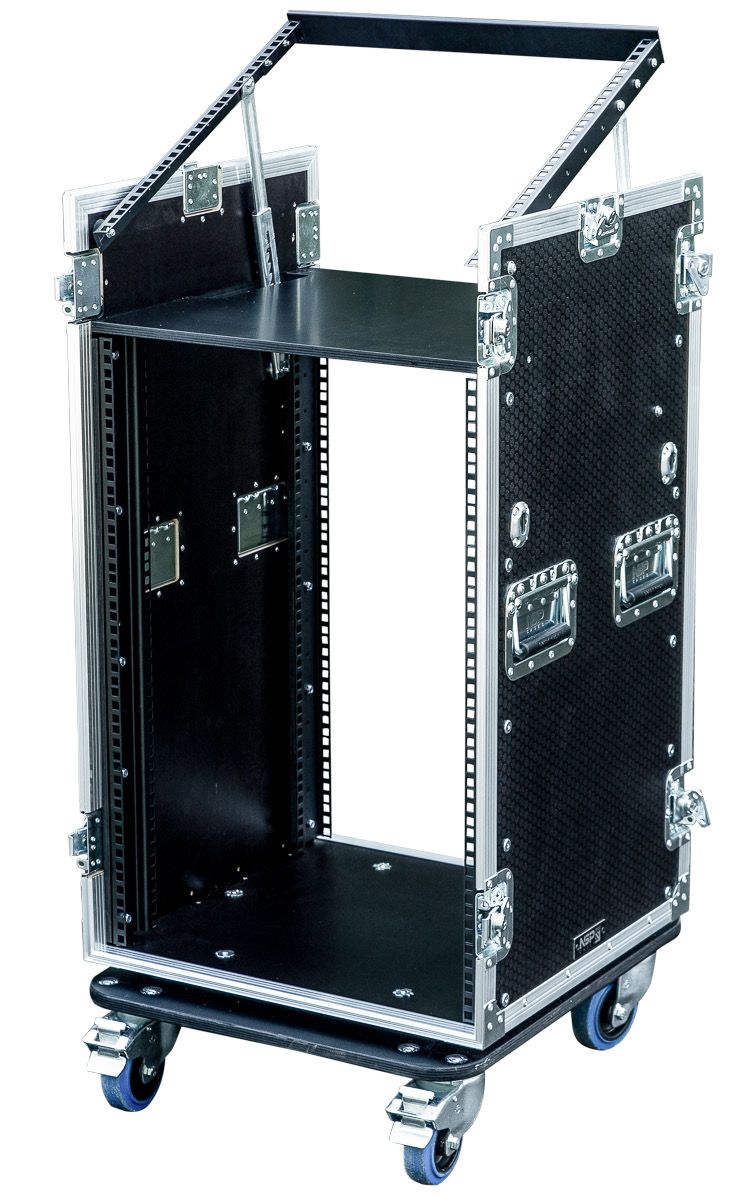 16U rack flight case Kenya open interior showing 19-inch rack rails, fold-out laptop shelf, and caster wheel base