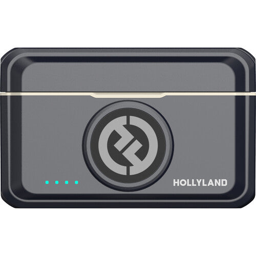 Hollyland Lark M2 Kenya charging case front with Hollyland logo and four green LED battery indicators