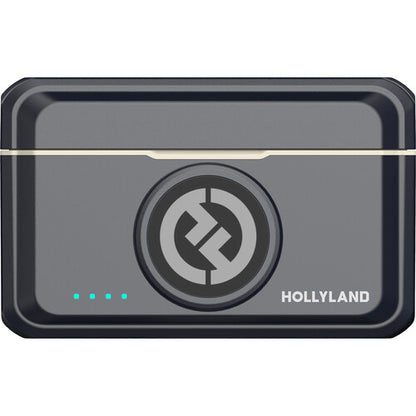 Hollyland Lark M2 Kenya charging case front with Hollyland logo and four green LED battery indicators