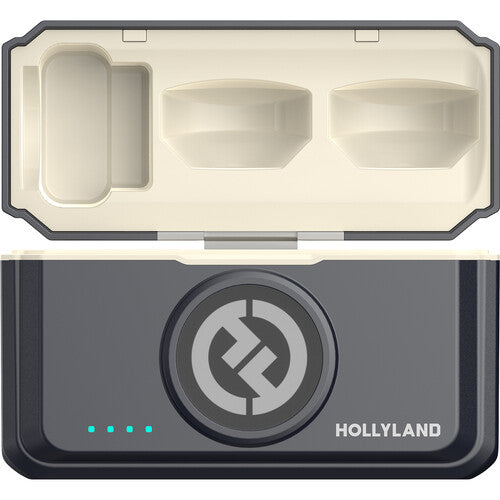 Hollyland Lark M2 Kenya charging case open showing cream interior tray with three charging slots