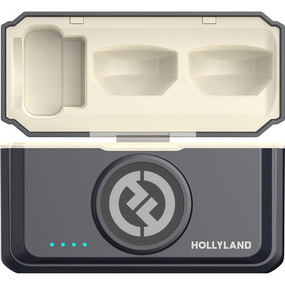Hollyland Lark M2 Kenya charging case open showing cream interior tray with three charging slots