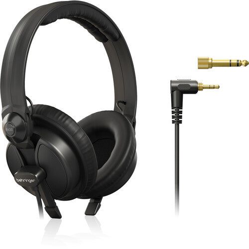 Behringer BH30 studio headphones Kenya displayed alongside detachable straight cable and gold 6.35mm adapter