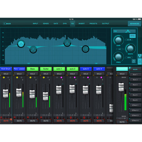 Behringer XR18 Kenya X Air iPad app showing EQ curve, channel faders, bus routing and solo controls