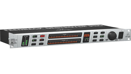 A Meyer Sound FXS2000 FX Signal Processor rack unit with a silver front panel, black rear panel, LED indicator lights, and a large rotary control knob on a white background.