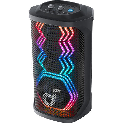 Soundcore Rave 3S karaoke speaker Kenya 3/4 front angle with multicolour zigzag LED grille and top control panel visible