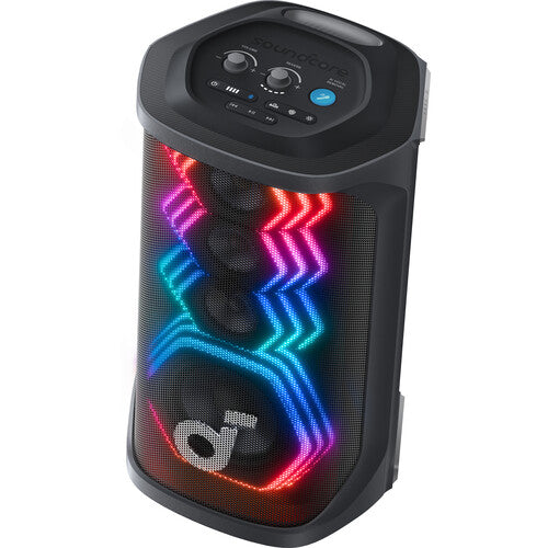 Soundcore Rave 3S karaoke speaker Kenya 3/4 angle view with multicolour zigzag LED light show active on black grille
