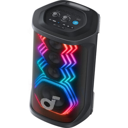 Soundcore Rave 3S karaoke speaker Kenya 3/4 angle view with multicolour zigzag LED light show active on black grille