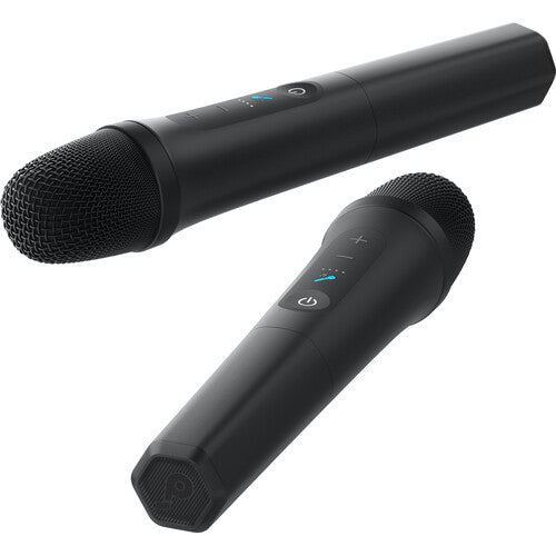 Two black wireless microphones included with Soundcore Rave 3S karaoke speaker Kenya on white background