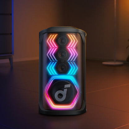 Soundcore Rave 3S karaoke speaker Kenya glowing full LED front grille in warm dark room ambient lifestyle setting
