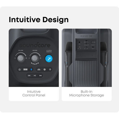 Soundcore Rave 3S karaoke speaker Kenya top control panel close-up and rear built-in dual microphone storage slots
