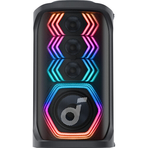 Soundcore Rave 3S karaoke speaker Kenya straight-on front view showing three full-range drivers woofer and LED rings