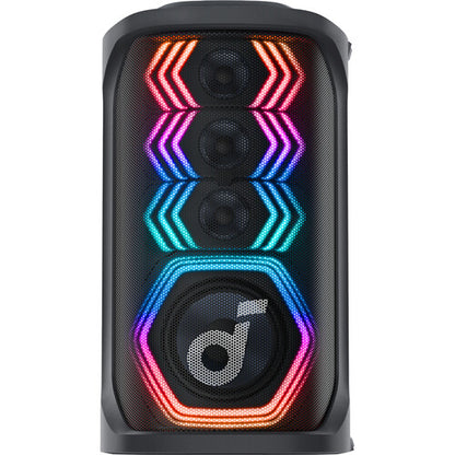 Soundcore Rave 3S karaoke speaker Kenya straight-on front view showing three full-range drivers woofer and LED rings
