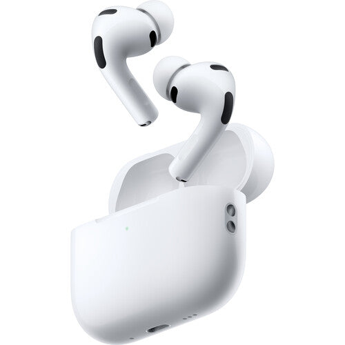 Apple AirPods Pro 3 Kenya USB-C — both earbuds floating above open MagSafe charging case, angled view