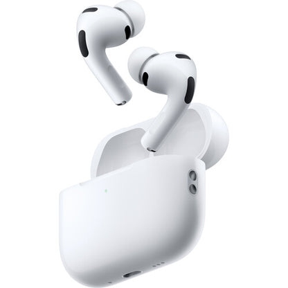 Apple AirPods Pro 3 Kenya USB-C — both earbuds floating above open MagSafe charging case, angled view
