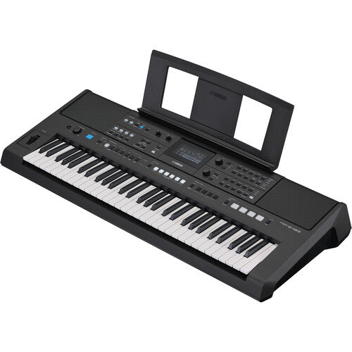 Yamaha PSR-E483 Kenya portable keyboard angled view showing Live Control Knobs and Pitch Bend wheel