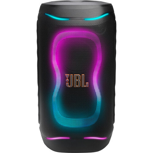 JBL PartyBox 130 Kenya front view showing active RGB light show in pink and teal on black speaker body