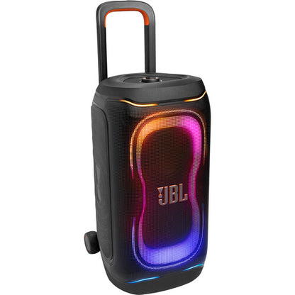 JBL PartyBox 330 Kenya front view with orange trolley handle extended, LED lights active and transport wheels