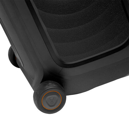 JBL PartyBox 330 Kenya close-up of transport wheel with orange accent ring detail