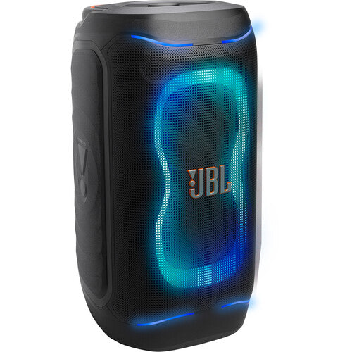 JBL PartyBox 130 Kenya front angle with active teal LED light show glowing through speaker grille and JBL logo