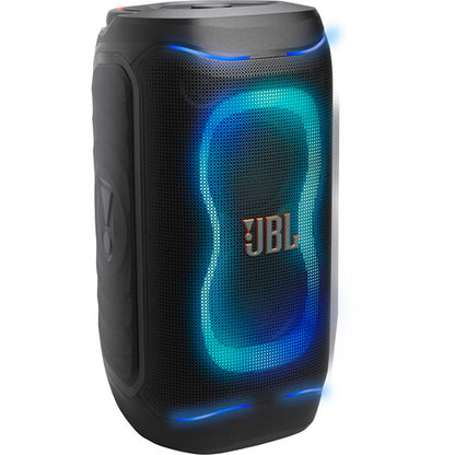 JBL PartyBox 130 Kenya front angle with active teal LED light show glowing through speaker grille and JBL logo