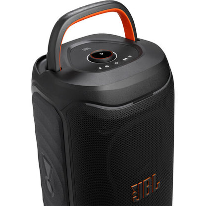 JBL PartyBox 130 Kenya top-angle close-up showing orange handle, JBL control panel with play and Bluetooth buttons