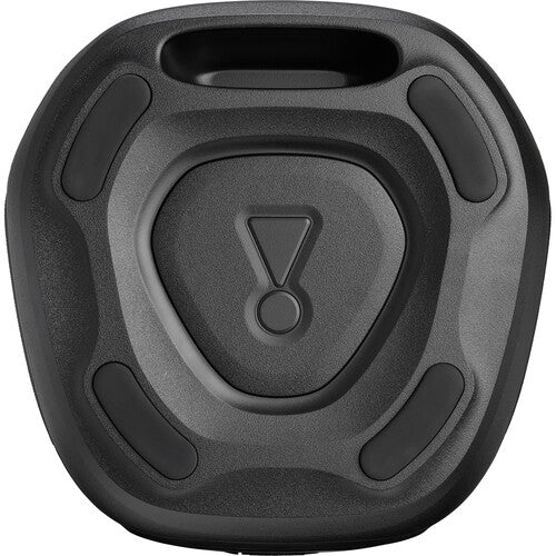 JBL PartyBox 130 Kenya bottom view showing rubber base with carry handle slots and anti-slip feet