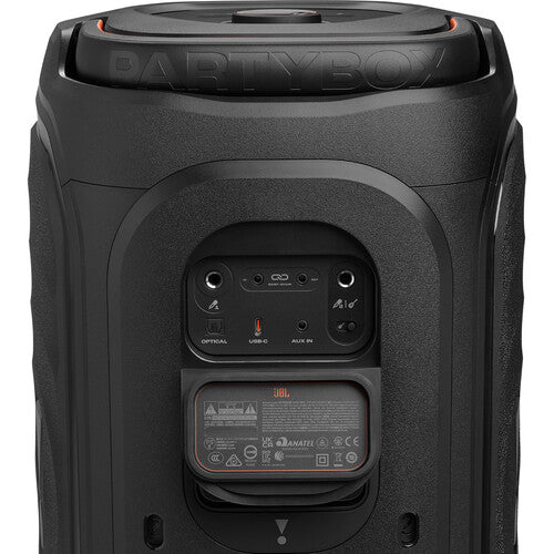 JBL PartyBox 130 Kenya rear panel showing optical, USB mic and aux input ports with product label