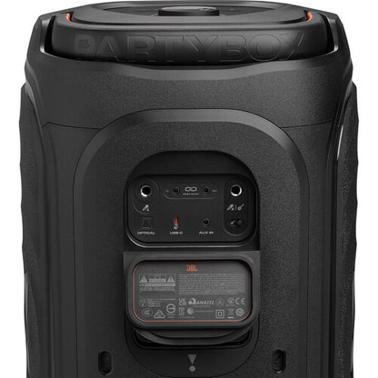 JBL PartyBox 130 Kenya rear panel showing optical, USB mic and aux input ports with product label