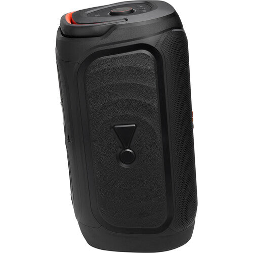 JBL PartyBox 130 Kenya side angle view showing speaker grille, woofer detail and orange accent trim