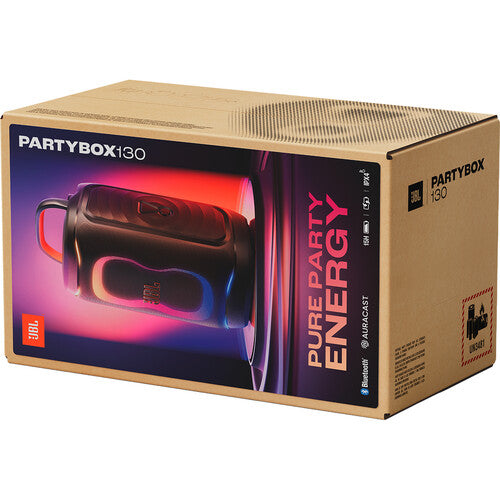 JBL PartyBox 130 Kenya retail box showing Pure Party Energy branding with product image and feature icons