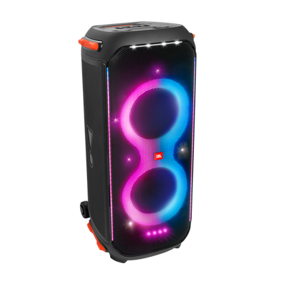 Front view of JBL PartyBox 710 showing dual 8-inch woofers, dual tweeters, and RGB lightshow in pulse mode.