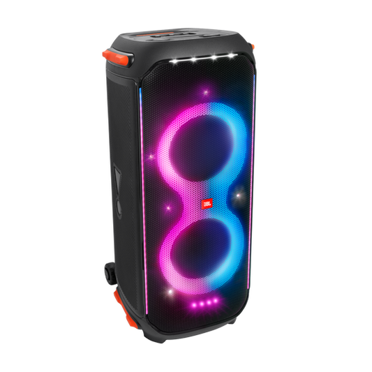 Front view of JBL PartyBox 710 showing dual 8-inch woofers, dual tweeters, and RGB lightshow in pulse mode.