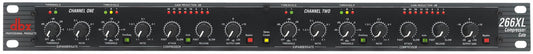 DBX 266XL compressor front panel showing dual-channel controls, OverEasy knobs, and LED gain reduction meters