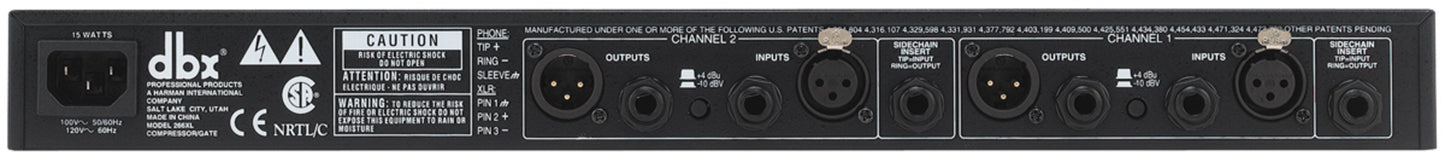 DBX 266XL compressor rear panel with balanced XLR and TRS inputs and outputs for professional signal chain connectivity