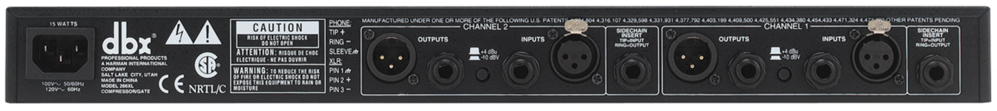 DBX 266XL compressor rear panel with balanced XLR and TRS inputs and outputs for professional signal chain connectivity