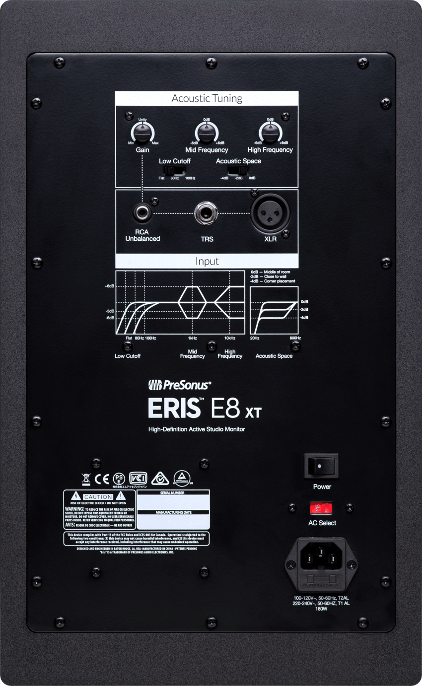 Rear panel of Eris E8 XT showing XLR and TRS inputs and tuning controls.