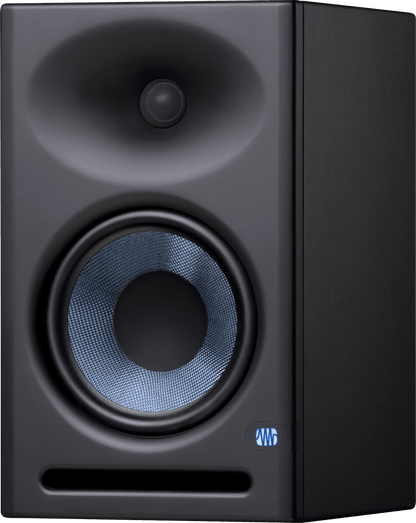 Close‑up of Eris E8 XT silk‑dome tweeter and woven woofer.
