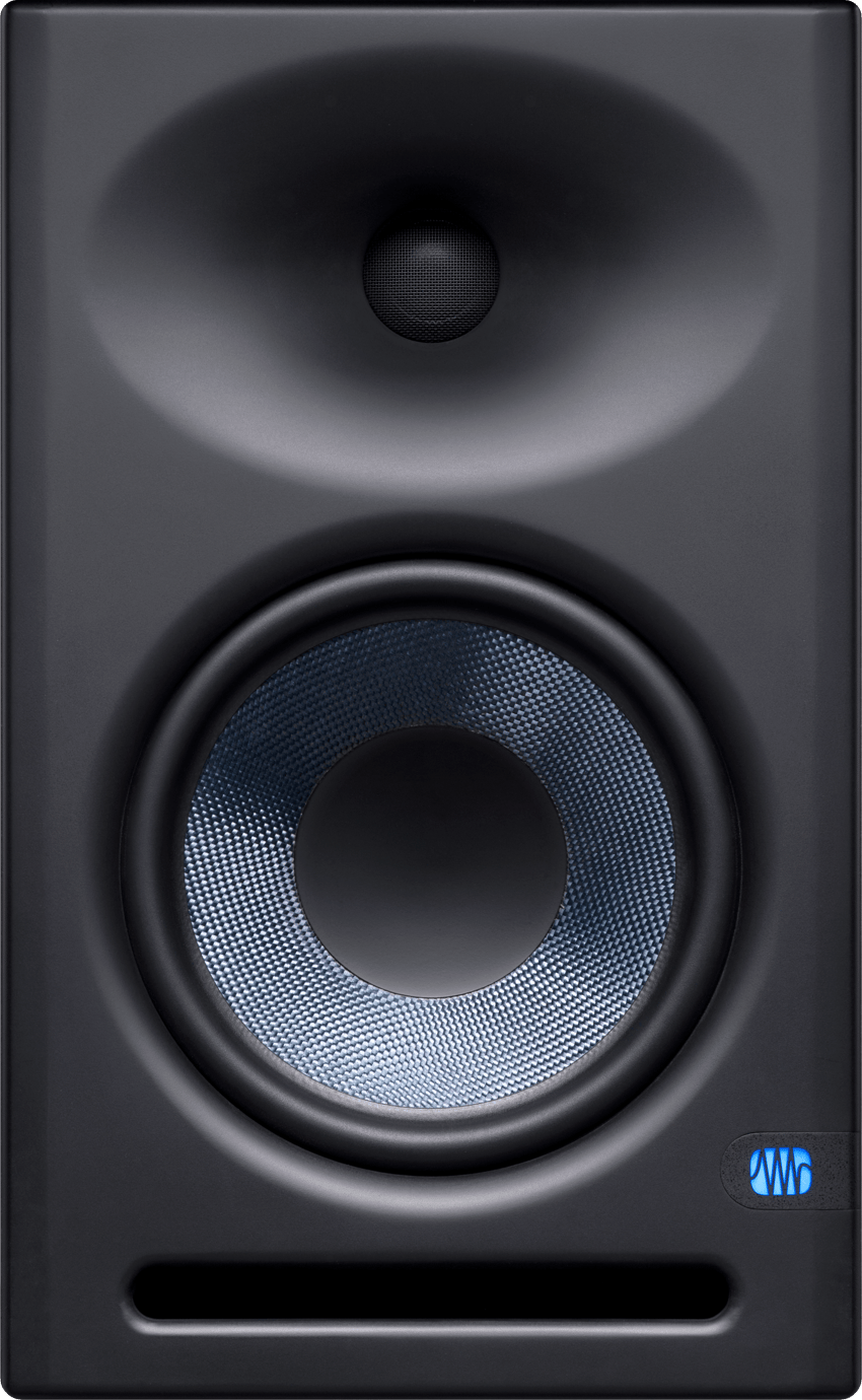 Eris E8 XT front view showing 8-inch woofer and silk‑dome tweeter.