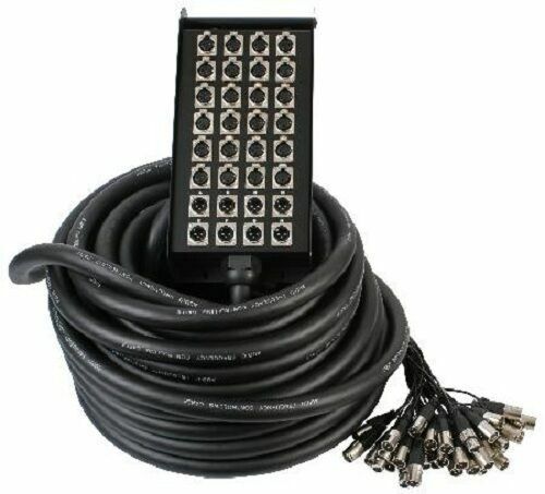 28 channel snake cable Kenya — full 50m coiled multicore with metal stage box showing numbered XLR inputs
