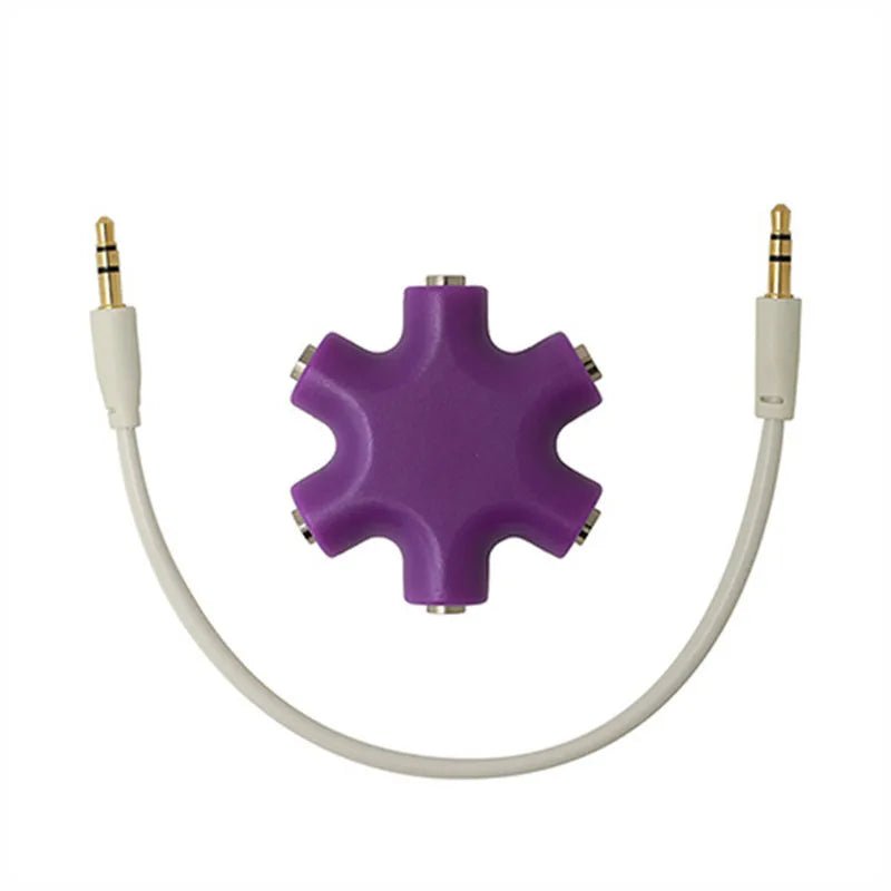 Blue 3.5mm audio splitter Kenya star hub with white cable and two gold-tipped male jacks, white background