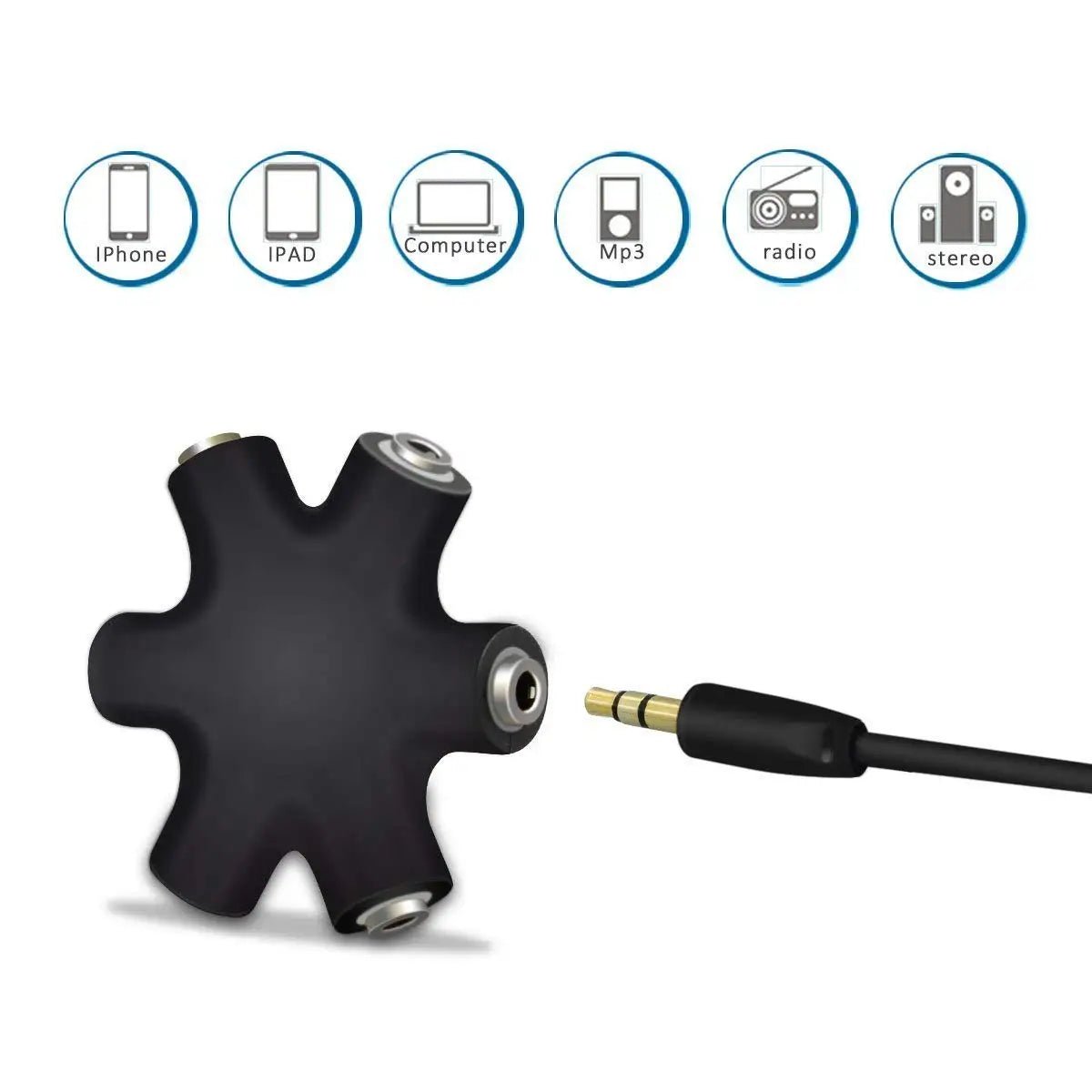 Blue 3.5mm audio splitter Kenya star hub with white cable and two gold-tipped male jacks, white background