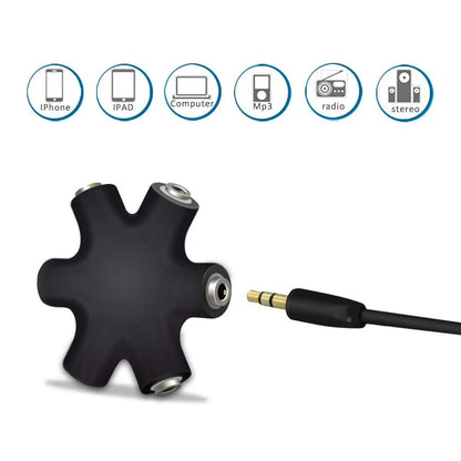 Blue 3.5mm audio splitter Kenya star hub with white cable and two gold-tipped male jacks, white background