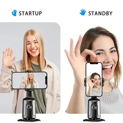 360° face tracking phone holder Kenya with phone mounted, side profile view on white background