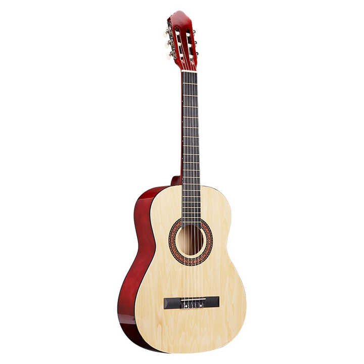 classical acoustic guitar Kenya — natural finish, spruce top with decorative soundhole rosette, angled view