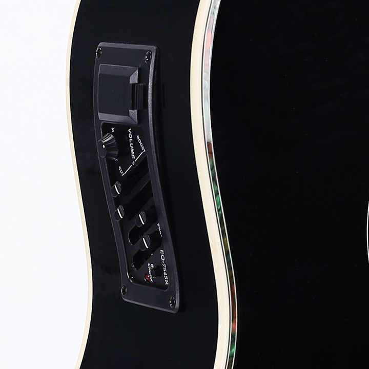 41-inch acoustic electric guitar Kenya — built-in EQ preamp and chromatic tuner panel close-up on black body