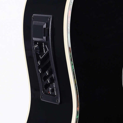 41-inch acoustic electric guitar Kenya — built-in EQ preamp and chromatic tuner panel close-up on black body