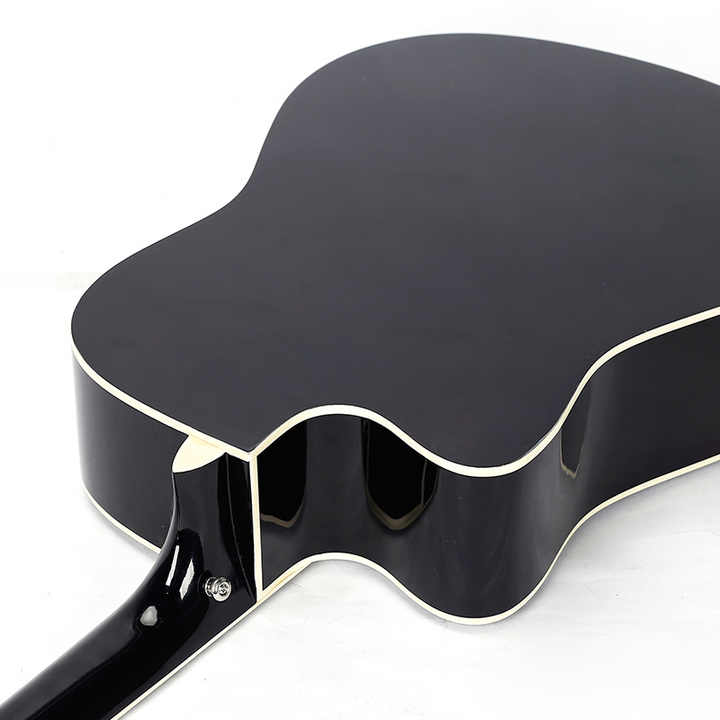 41-inch acoustic electric guitar Kenya — black dreadnought body back panel and neck heel detail