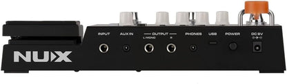 NUX audio device with various ports and controls on a black background
